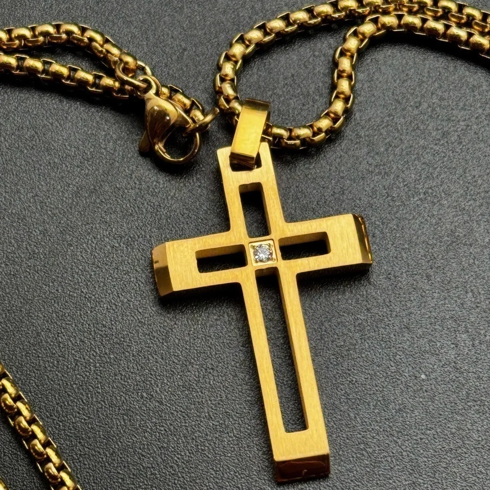New Stainless Steel Gold Cross Pendant Necklace with cz Diamond Accent